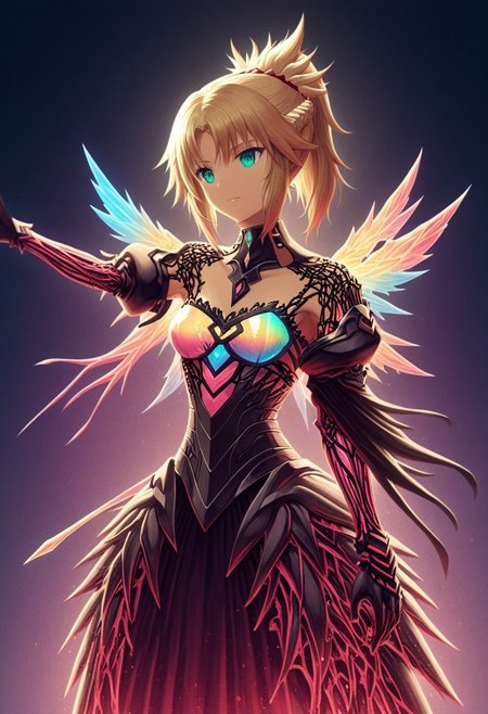 (Ombre color scheme of opal ,neon pink,neon light orange ),Mordred Pendragon, (wings attached to shoulders:1.1),  ArtStation style <lora:World_of_Glass_Filament:0.81> made of, tiny neon glass filaments, w0gf1l <lora:1980s_Fantasy_Style_test_2:0.36> vivid color,
