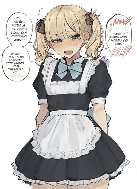 <lora:nabibutterILLUS:1> nabibutter,,
(masterpiece), (best quality), (ultra-detailed), amazing quality, very aesthetic, illustration, perfect composition, intricate details, absurdres, incredibly absurdres, shiny skin, realistic,
dynamic pose, perspective, nabibutter, white apron, blush, english text, twintails, maid apron, white background, blonde hair, hair ornament, mole under eye, black dress, puffy short sleeves, blue bow, simple background, hairclip, 1girl, looking at viewer, puffy sleeves, blue eyes, frills, earrings, speech bubble, flying sweatdrops, open mouth, blue bowtie, sweat, frilled apron, jewelry, hair ribbon, crossdressing, sketch, ear piercing