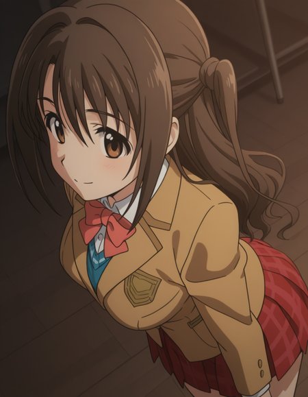 official style,
Shimamura Uzuki,brown eyes,brown hair,long hair,one side up,school uniform,red bowtie,brown blazer,red plaid  skirt,
smile,(solo),
Classroom,
(anime screencap), 2d cel anime,anime cap,anime,anime style,anime cel,cell shaded,soft brightness,perfect face,perfect nose, perfect hair, perfect eyes,perfect female body,perfect skin,a face of perfect proportion,perfect lighting,perfect anatomy,perfect proportion,perfect hands,perfect legs,perfect fingers,masterpiece,hair between eyes,
big breasts,
perky breasts,best quality,very aesthetic,absurdres,16k,intricate detail,amazing quality,(bold:3.12),thick outline,black outline,harsh lines,soft lines,deluster,boldline,curvy,(anime coloring:1.2), slim,
looking at viewer,,(hat:-1),(from above:2.5),(from side:2.5),
super fine illustration,detailed linework,vibrant colors,kawaii,flat color,  <lora:THE_IDOLMSTER_ã·ã³ãã¬ã©ã¬ã¼ã«ãºå³¶æå¯æã¢ãã¡é¢¨illustriousTHE_IDOLMSTER_CINDERELLA_GIRLSShimamura_UzukiAnime_Styleillustrious:1:0.8>