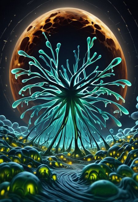 slime-morph screen print artwork in a green and orange bichromy. Inkstyle old engraving. In a dimly lit abandoned corn field, the silhouette of a sl1m3d steampunk mechanical scarecrow stands creepily, hands-up forming a cross, like a disjointed puppet. Some crows are there on his arms, looking around with hunger. A thick fog that gradually morphs into an ethereal aura add a glommy atmosphere to the scene. The scarecrow eyes shine with a bright weird light, echoing the full moon behind him. A non-printed frame all around the illustration reveals the paper texture.