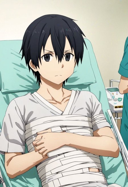 high resolution, solo, best quality, 1Boy, Kazuto Kirigaya, Black Hair, Black Eyes, bandage, patient, hospital, OverallDetail
