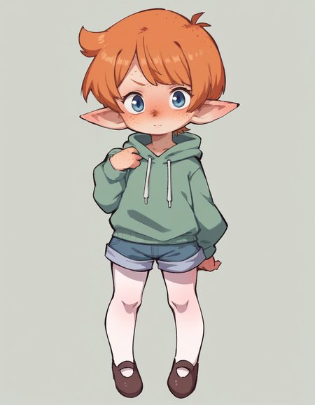 score_9, score_8_up, score_7_up, score_6_up, score_5_up, score_4_up, solo, 1girl, solo,
<lora:Orenji v3:1> orenji, hoodie, shorts, Mary Janes, pantyhose, shortstack, <lora:Popipi_v1:0.6> popipi, (lalafell), blue eyes, dark nose, freckles, orange hair, short hair, pointy ears, swept bangs,