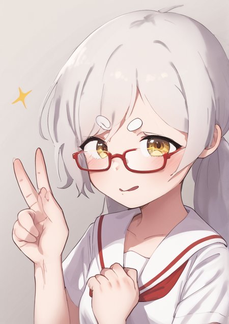1girl, biwa hayahide (umamusume), huge breast, chibi, ahoge, animal ears, bow, bowtie, breasts, closed mouth, ear ornament, elbow rest, glasses, grey hair, hair ornament, hand on own chin, hand up, horse ears, horse girl, long hair, looking at viewer, purple shirt, red-framed eyewear, sailor collar, school uniform, semi-rimless eyewear, shirt, short sleeves, skirt, solo, sparkle, stroking own chin, tracen school uniform, upper body, v-shaped eyebrows, white skirt, yellow eyes, <lora:xesii:1>