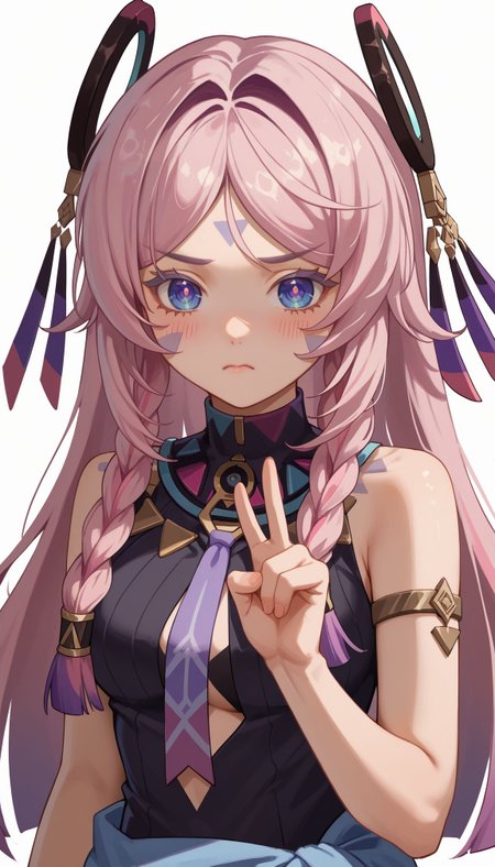 score_9, score_8_up, score_7_up, source_anime, 
 <lora:Citlali:1> 1girl, citlali_(genshin_impact), 1girl, @ @, long hair, v, pink hair, medium breasts, blush, braid, facial mark, looking at viewer, white background, upper body, bare shoulders, purple necktie, blue eyes, parted bangs, simple background, sleeveless, closed mouth, hand up, twin braids, hair ornament, headgear