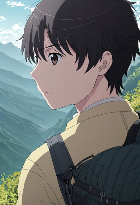 high resolution, solo, best quality, 1Boy, Inaho Kaizuka, Black Hair, Brown Eyes, landscape, upper body, look at the view behind, upper body, high mountain, hiking gear, , OverallDetail