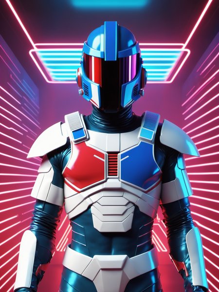 render of 80s inspired raypunk pulp hero uniform, spartan-inspired helmet and blue/red 3-D glasses, retrofuturistc, full body, red white & blue neon colors, retro synthwave laser grid, Y2K aesthetic, art deco, streamlined, --no biker helmet  , <lora:SDHK-XL:1>