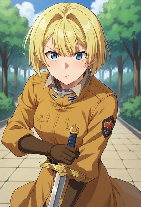 score_9,score_8_up,score_7_up,anime coloring BREAK source_anime,anime,<lora:Alice_L._Malvin_ã¢ãªã¹Lãã«ã´ã£ã³__Pumpkin_Scissors__PonyXL:0.8>,alicelmalvin,1girl,blonde hair,gloves,uniform,blue eyes,short hair,military uniform,military,arms_up,sword,holding sword,holding weapon,glaring,looking_at_viewer,outdoors,