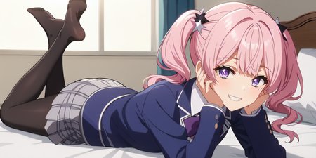 score_9, score_8_up, score_7_up, source_anime, rating_safe, intricate details, anime screencap, official style, 1girl, <lora:Suzuki_Momo:1>, suzukimomo, pink hair, purple eyes, twintails, white star, black star, mole under eye, white shirt, purple bowtie, collared shirt, blue blazer, long sleeves, sleeves past wrist, grey skirt, pleated skirt, plaid skirt, black pantyhose, looking at viewer, smile, indoor, lying on bed, on stomach, feet up, side view, hands on own face, grin, teeth
