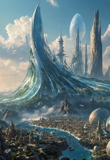 Roger Dean-inspired creative scene of an extraterrestrial civilization. At the center of the image stands a magnificent and awe-inspiring alien city rising from an endless expanse of interstellar ocean, seemingly transcending Earth's architectural artistry.
The city is composed of transparent crystal and metals that shimmer with various colors of light. They intertwine and cross, forming a complex and intricate network structure. The appearance of the city presents a unique style where fluidity and static beauty coexist, resembling a living piece of art, with each wall continuously changing its shape and color, displaying endless vitality.
A part of the city floats in mid-air, supported by delicate energy fibers that sway gently with the wind, emitting soft and pleasing sounds. From here, one can clearly see that the interior of the city is filled with lush botanical gardens and crystal-clear bodies of water, perfectly integrated into their surrounding environment, adding a touch of vitality to this alien civilization's home.
(8k uhd:1,4)
 <lora:add-detail-xl:1>
 <lora:Dynamic Poses:1>