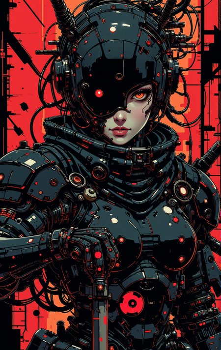 in the style of cknc, close-up shot of a dressed in futuristic hard surfaced dark sci-fi, slightly oval cross section look, battle scratched armor, a kimono, mysterious white skin mexican wabi-sabi mercenary battle droid humanoid woman with a lot of mechanical parts looking at the viewer, wielding a combat knife, 1800'S, - Bosmer hybrid, Scribe, equirectangular 360, Flirty expression, Romantic, whimsical, Fast Shutter Speed, Lomography Color 100, red and black palette,
highly detailed Mayhem style , background bizarre techno ghetto transmission, style minimalist, conceptual art posing Japanese, conceptual, illustration, cinematic, photo epic action, cinematic, award winning artwork, many details, patterned illumination, bad VHS tape image artifacts,
anime style, key visual, vibrant, studio anime, nistyle
<lora:ck-nc-pastel-cyberpunk:0.80> <lora:ck-Ivan-Beslic-Art-Style-000019:0.2>  <lora:ck-MetalGearSolid-000019:0.40>  <lora:m100-style_v.02:0.3>  <lora:test2:0.65>