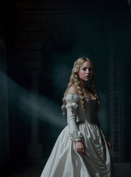 <lora:burton:1>tm style, a beautiful blonde woman white skin from the year 1800 in a dress of the time,movie frame, cinematic, a lot of haze, volumetric lights, realistic, 8k