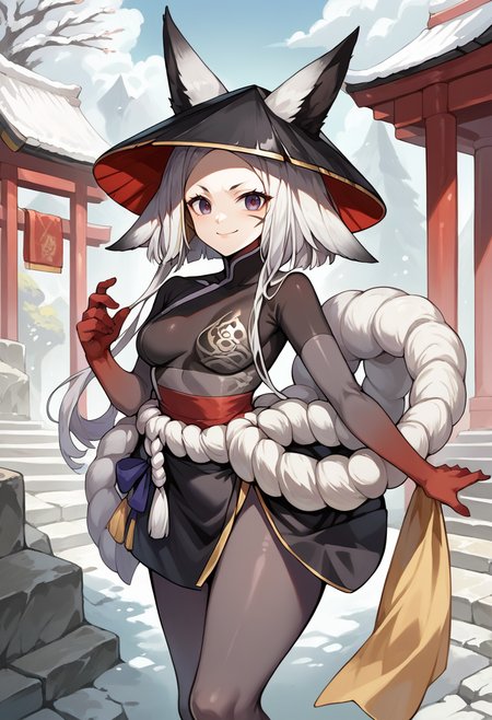 score_9, score_8_up, source_anime, 1girl, solo, Samurikku, red eyes, white hair, animal ears, long hair, facial mark, black hat, ears through headwear, grey bodysuit, print bodysuit, red hands, white rope, black skirt, tail, outdoors, shrine, smile, <lora:ChamDyarikkuPonyXL:1>