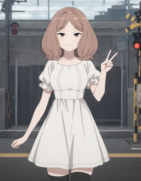 masterpiece, best quality, newest, absurdres, highres, safe,, <lora:mage-edel-s1-illustriousxl-lora-nochekaiser:1>, edel, brown hair, brown eyes, medium hair, medium breasts, anime screencap, thighhighs, dress, black thighhighs, white dress, short sleeves, puffy sleeves, puffy short sleeves, railroad crossing, sign, gate, train, street, smile, v, looking at viewer, solo,, cowboy shot, solo
