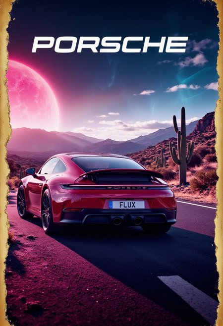 Epic Poster with text":Porsche",
Porsche 911 GTS driving through a futuristic desert with holographic cacti and a neon-lit sky, blending past and future aesthetics, ultra-realistic yet surreal,
numberplate reads FLUX,
, detailmaximizer, gold frame, secretlab