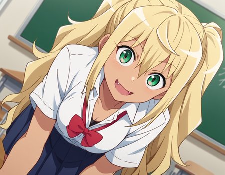 score_9, score_8_up, score_7_up, source_anime,
hibikisakura, <lora:hibiki-sakura-s1-ponyxl-lora-nochekaiser:1>
hibiki sakura, long hair, blonde hair, hair between eyes, twintails, green eyes, fang, dark skin, dark-skinned female, gyaru, mature female,
skirt, shirt, bow, school uniform, white shirt, short sleeves, collared shirt, bowtie, red bow, red bowtie,
indoors, classroom, smile, bent over,
looking at viewer, dutch angle, cowboy shot