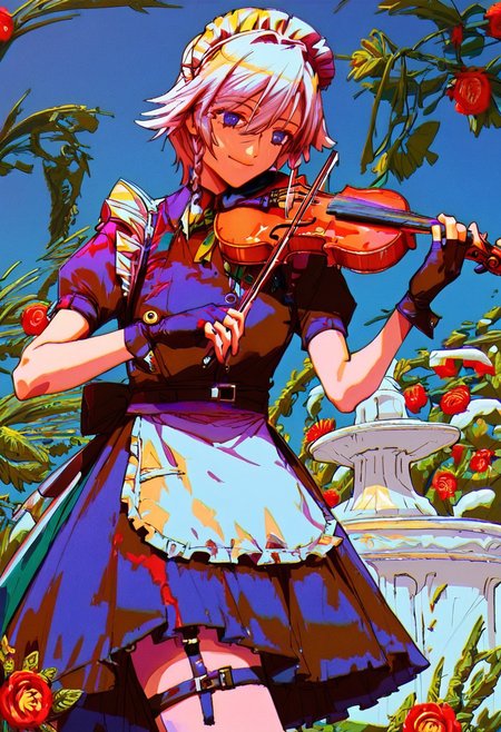 score_9, score_8_up, score_7_up, exterior, garden, fountain, flower, 1girl, solo, solo focus, cowboy shot, sky, blue background, skinny, slender, tall, standing izayoi_sakuya, Izayoi Sakuya playing violin in the garden in front of a fountain, violin, maid, smile, blue eyes, white hair, short hair, twin_braids, green bows, ribbon, blue maid uniform, white maid headdress, white apron, puffy sleeves, detached collar, wrist cuffs, gloves, thigh strap, knife, clock, pocket watch, <lora:mizucx2:1.3>
<lora:holding_violin_holding_bow_music:0.8> violin, holding violin, holding bow (music), playing instrument, 
<lora:violin:0.9> violin, playing violin, bow (music)