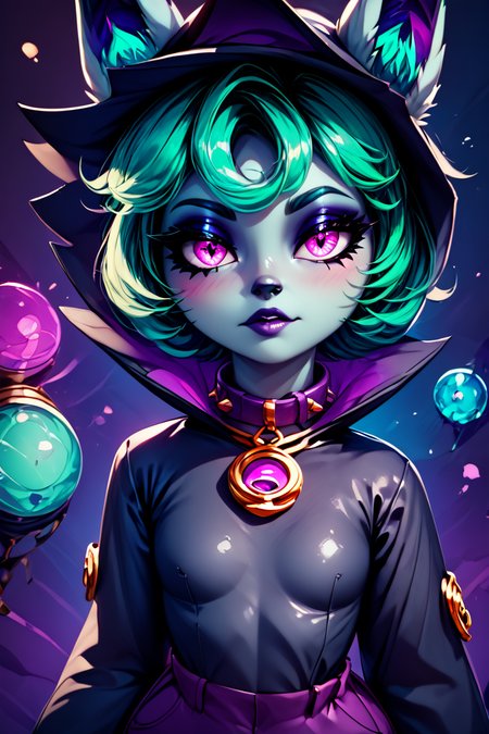 score_9, score_8_up, score_8, medium breasts, (curvy), cute, eyelashes,       BREAK, ,  zzVex, pink eyes, green hair, bangs, short hair, grey skin, colored skin, black hood, hood up, ears through headwear, white animal ears, black shirt, purple collar, golden ornament, long sleeves, sleeves past wrists, purple pants,  <lora:Vex_PDXL:1.0>,, BREAK,  (ultra realistic,32k, masterpiece:1.2),(high detailed skin:1.1),( high quality:1.1), curvy, head tilt, hearts, blush, lips, closed mouth, curvy, head tilt, shiny clothes, (upper body), looking at viewer, bokeh, luminescent background, ,,, embedding:zPDXL, Expressiveh, ,,, <lora:RlAnmPDXL:1.0>,