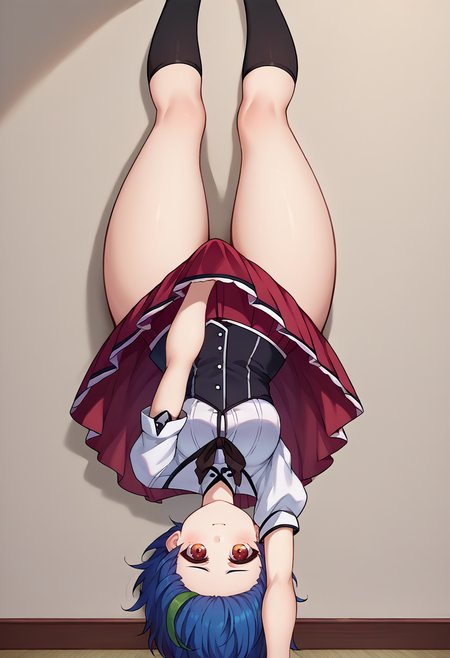 score_9, score_8_up, source_anime, 1girl, solo, LycorisChallenge, one arm handstand, upside-down, covering crotch, <lora:ChamLycorisChallengePonyXL-000006:1>, <lora:highschooldxd_xenovia_ponyXL:1> xenovia quarta, school uniform, white shirt, black ribbon, neck ribbon, puffy short sleeves, corset, red skirt, pleated skirt