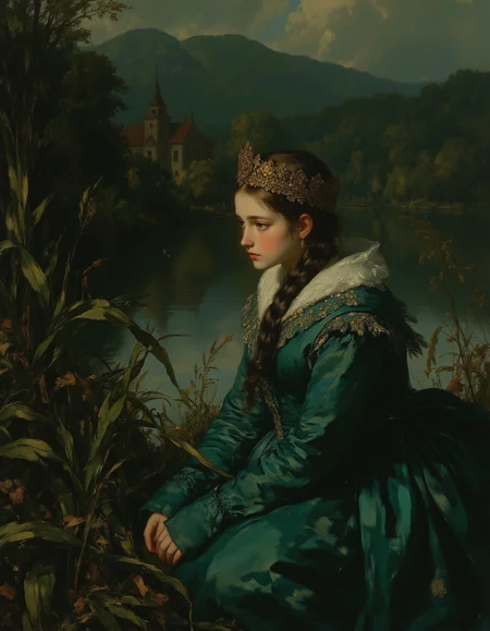masterpiece, high quality, Oil Painting, Hyper-realistic, Nixport, a Slavic princess sits among tall reeds by the water's edge. Her gown, woven from fine silk and embroidered with ancient motifs, shimmers with the hues of deep sapphire and forest green. A delicate kokoshnik crowns her braided hair, its intricate gold filigree catching the last light of the sun. Her gaze is distant, contemplative, as she listens to the whispers of the reeds and the rippling waterâperhaps waiting for a lost lover or heeding the call of unseen spirits. Fireflies dance around her like scattered stars, illuminating the twilight with their ghostly glow. The atmosphere is one of mystery and longing, steeped in the rich, haunting beauty of Slavic myth. The landscape behind her is veiled in mist, with shadowy trees and a glimpse of an ancient wooden palace, barely visible through the gathering twilight. Focus on the girl, intricate lines, intriguing atmosphere, sharp magnificent details, delicate features, elaborate details, (2/3 rule composition:0.5), ultra detailed, romantic, Rembrandt lighting, brush stroke, lovely, del1cate_balance style, novuschroma, FS, in the style of Rembrandt. vantablack <lora:style_of_Rembrandt_FLUX_135:.8> <lora:- Flux1 - vanta_black_V2.0:.4> <lora:Delicate_Balance:.3> <lora:neeeg_f1:-1> <lora:113_novuschromaFLX_1:.3> <lora:Midjourney_Whisper_Minimal:.3> <lora:FS_v2:.5> <lora:NixPort_style_for_semi-real_upper_body_portrait:.8>