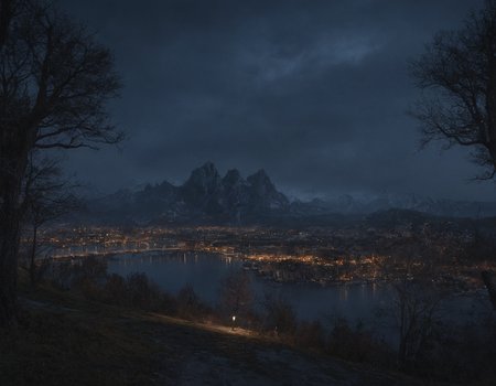 professional 3d model <lora:3vg3nylushp1n:1>,3vg3nylushp1n,architecture,scenery,evgeny,lushpin,building,outdoors,, bare tree, building, city, city lights, cloud, cloudy sky, mountain, outdoors, scenery, sky, snow, tree, a mountain range is seen in the distance with a lake in the foreground and a dark sky in the background, Evgeny Lushpin, dark night, a detailed matte painting, gothic art . octane render, highly detailed, volumetric, dramatic lighting
