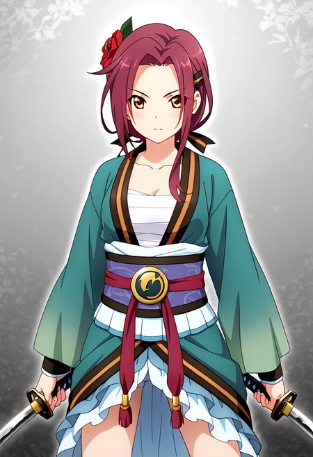 <lora:ruka_IXL-06:0.7> 1girl,tachiarairuka,red hair,hairclip,red hair flower,rukadefaultoutfit,sarashi, cowboy shot,dual wielding katana
,best quality,masterpiece