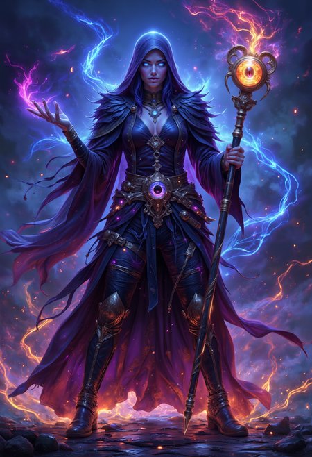 breathtaking cinematic film still A beuatiful sinister Tzeentch female cultist from Warhammer fantasy battles , cloaked in dark tattered robes adorned with arcane symbols and vibrant colors of blue purple and gold. Her face is partly obscured by a hood with glowing unnatural eyes that radiate a mystical blue light. She stands in a dynamic pose, casting a spell with one hand while the other clutches an ornate staff topped with a burning eye symbol. The background is filled with swirling chaotic energies and shifting patterns embodying the unpredictable nature of Tzeentch. The atmosphere is dark and mystical, with glowing effects, intricate details, and a sense of otherworldly power, Hyper detailed in the artistic styles of Adrian Smith, Mark Gibbons, and Paul Dainton
highly detailed background
 <lora:aidmaGLOWV4wc:0.55> aidmaglow <lora:Aura_Flux:0.55> auralora  <lora:FluxMythP0rtr4itStyle:0.4> mythp0rt .