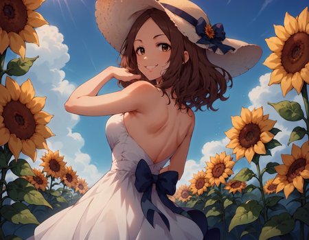 score_9,score_8_up,score_7_up,1girl,solo,standing,looking at viewer,looking back,smile,sunflower field,arms down,
<lora:sawadamarina_ponyXLV6:0.8>,cgsmr,brown hair,long hair,brown eyes,
white summer hat,white sundress