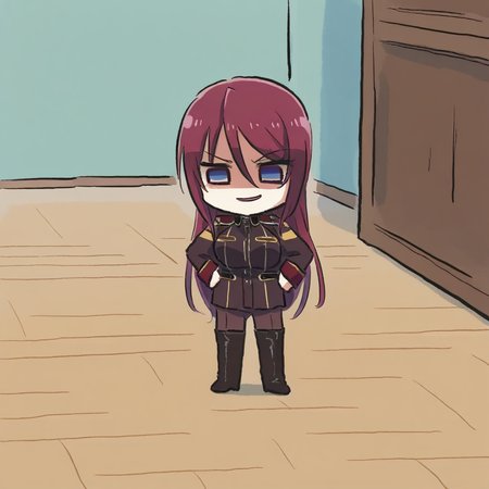 newest stylish, extreme aesthetic, 1girl, solo, BeatriceKushan, standing, on floor, indoors, wooden floor, full body, chibi, bk's uniform, bk's pants, bk's thigh boots, evil smile, shaded face, looking down, hands on own hips, xinzoruo, <lora:Bea&KilaKushan-ilxi01:0.5>, <lora:XinzoruoStyle2_AnimagineXLv3:0.7>