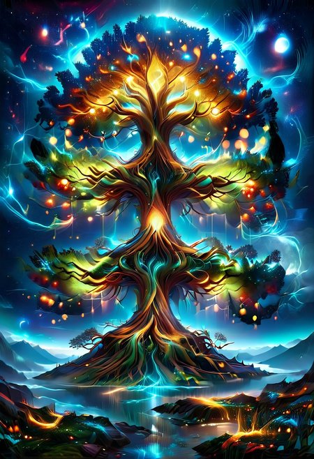 A captivating night scene illustration Yggdrasil tall on a large snowy mountain overlooking a lake. lthndrtrl, Yggdrasil, emits a warm glow, highlighting its incredible magic and grandness. The snowy  hill is covered in great pine trees, reflecting on the calm, moonlit snow  that mirrors the silvery moonlight. The full moon graces the sky, casting an ethereal glow on the clouds and mountain, while wispy clouds partially obscure its brilliance, adding to the scene's mystique. Twinkling stars dot the sky, creating a celestial tapestry that harmonizes with the moon's radiance. This enchanting artwork captures a serene and peaceful night, where the illuminated Yggdrasil stands resolute amidst the celestial beauty, creating a cinematic experience., illustration, cinematic, lthndrtrl, Yggdrasil
<lora:DonM3t3rn1tyXL-v1.1:0.7>, DonM3t3rn1tyXL,
OverallDetailXL  <lora:MJ52:0.3>  <lora:SDXLFaeTastic2400:0.4>  <lora:EpicF4nta5yXL:0.7>