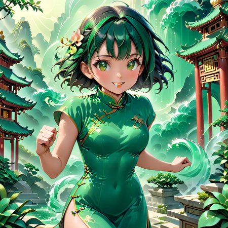 score_9, score_8_up, score_7_up, score_6_up, 1girl, petite body, 19yo beatifull, chinese girl, wearing green Cheongsam , fighting stance,  cute , shy, smile, background: chinese temple made out of jade, detailed background,  refreshing, dynamic lighting, dramatic and magical,