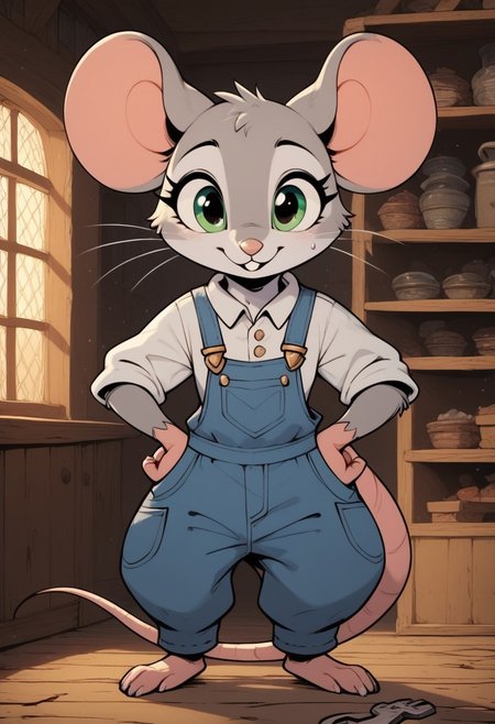 masterpiece, cute girl, m0use_maximilla, grey mouse, score_9, score_8_up, score_7_up, score_6_up, 5ZSTYL3, fFaceDetail, Expressiveh, detailed eyes, 1girl, solo, big bright eyes, innocent look, standing, auto mechanic, overalls, grease, holding wrench, smile, sweating, eyes half closed, lower lip, hands on hips, snout, shelves, boxes, rag in pocket, hands to side,
