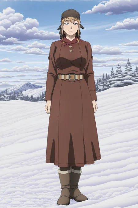 anime coloring, anime screencap, masterpiece, best quality, amazing quality, detailed face,
sky, day, snow, clouds,
 <lora:Ylva_Vinland_Saga:.9>
Ylva (season 2), mature woman, 1girl, solo, boots, belt, standing, bandana, full body, long sleeves, looking at the viewer, smile