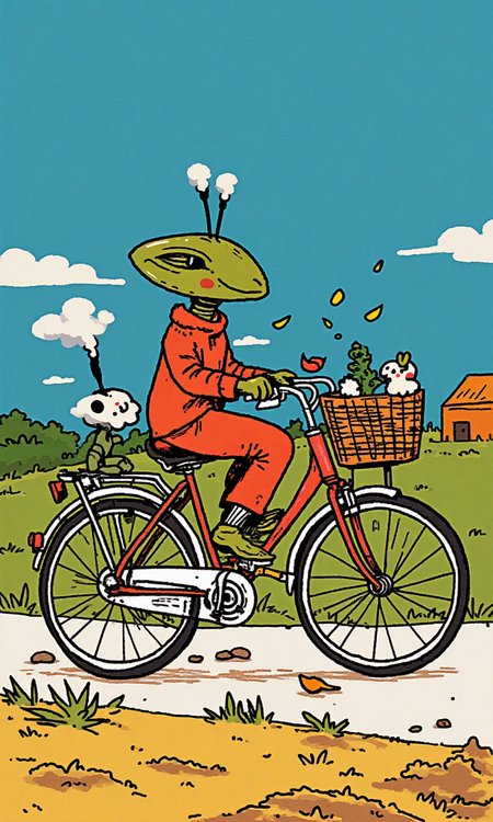 ET aliens are working on a bicycle <lora:flux-test\flux.1_lora_flyway_simple-illustration.safetensors:1.1:1.1>