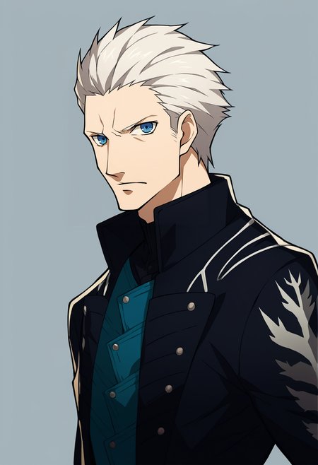 score_9, score_8_up, score_7_up, source_anime, BREAK, solo, 1boy, looking at viewer,  <lora:P5-Portraits-pdxl_Fp:1>, simple background, portrait, <lora:dmc5_vergil_ponyXL:1>, dmc5vergil, black coat, fingerless gloves, white hair, blue eyes,
