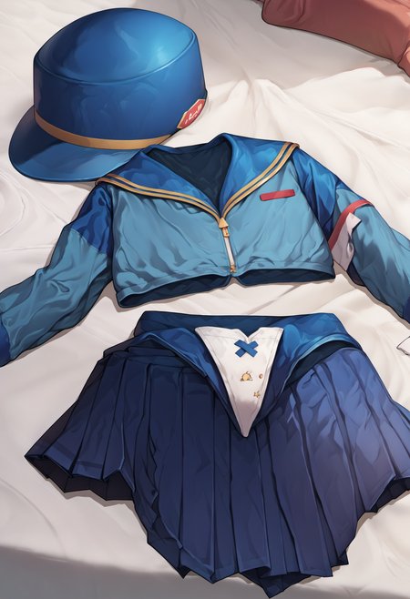 Prompt,
score_9,score_8_up,score_7_up,source_anime, <lora:clothes_removed:1> clothes removed, no humans,bed
<lora:elie-pdxl-nvwls-v1:0.8> HAIRBAND,  BLUE HAT, (BLUE JACKET, CROPPED JACKET),  (BLUE SHORTS, PLEATED SKIRT),blue panty