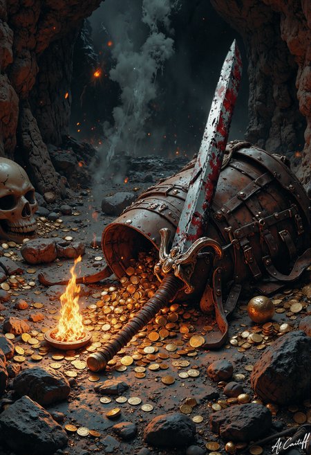 An overturned torch sputters on the cavern floor, its guttering flame casting erratic shadows across a hoard of scattered gold coins and jewels, illuminating a weathered leather backpack with torn, bloodstained straps lying beside a notched longsword smeared with dark ichor and a half-melted helm whose visor is crumpled inward with terrible force; a thick trail of fresh blood leads away from the scene, disappearing beneath the skeletal remains of a fallen adventurer half-buried in treasure, while all around, the dragon's ruined lair tells of violent struggle - deep claw marks rake the walls, molten gold has cooled in jagged streaks across the stone, shattered shields litter the ground like broken teeth, and a massive obsidian-black scale lies embedded in the cavern wall, its surface glinting in the dying light as dust swirls like ghostly witnesses in the sulfur-tinged air, the silence broken only by a faint, ominous shifting in the dark depths of the cavern beyond., fg<lora:Flux/Stylized-Super-Texture.safetensors:0.5000000000000001:0.5000000000000001> <lora:Flux/It's a LoRA for portraits, BUT! actually specialized in backgrounds. v1.0.safetensors:0.25000000000000006:0.25000000000000006> <lora:CustomFlux/MysticFantasy.safetensors:0.25000000000000006:0.25000000000000006> <lora:CustomFlux/MysticRealism.safetensors:0.7500000000000001:0.7500000000000001>