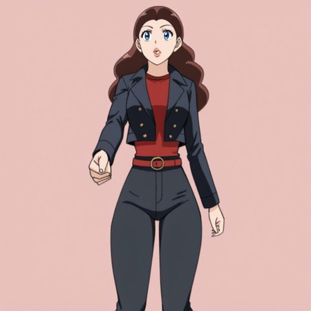 POV impending handshake, firm grip, left hand, eye contact, casual, 1girl, wide hips, thin waist, big head, thick hair, big blue eyes, thin lips, wearing {black trousers|red shirt|red boots|black jacket}, in the style of Shonen Jump, anime