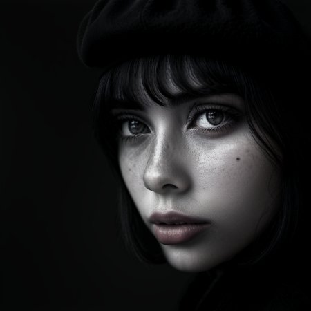 cinematic dark monochrome photo Vivid colors ï¼Vibrantï¼Vivid colors Vibrantï¼ a cool bobcut girl wearing a beret hat round eyesï¼charming eyes, charming faceï¼ abstract, minimalism, flat vibrant colorsï¼by Coccolemon, <lora:Into_Darkness:1> , <lora:JuggerCineXL2:1>