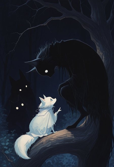 Studio Ghibli Dark Fairytale, masterpiece, best quality, absurdres, a couple of cats sitting on top of a tree, official fanart behance hd, white fox ears, creepy shadows, three animals, uwu the prismatic person, outdoors at night, fairy cgsociety, 2 0 1 9, black fur, panel of black, by Natasha Tan, anime visual, fantasia photo, facing each other, yami kawaii, neko, h4ra_illu, momosp