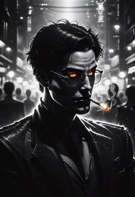 zPDXL2, score_9, score_8_up, score_7_up, source_anime, noir, portrait, mysterious goth man, night city, liting cigarette, best quality, dark theme, low light, best quality,  dark_techwear, face in profile, face close up, bpe-illuminati, depth of field, dof