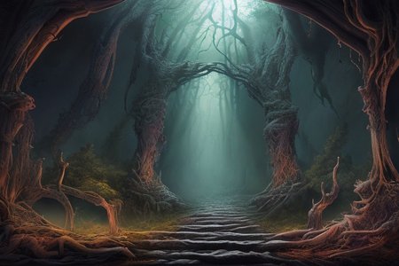 RAW photo, (masterpiece:1.3), subsurface scattering, heavy shadow, (high quality:1.4), (intricate, high detail:1.2), professional photography, HDR, High Dynamic Range, realistic, ultra realistic, photorealistic, high resolution, film photography, ambient lighting, atmospheric effects, <lora:detail_slider_v4:2>, OverallDetail,  <lora:Evil:1>, outdoor scenery, stairs, evilrealms, forest, epiCPhoto