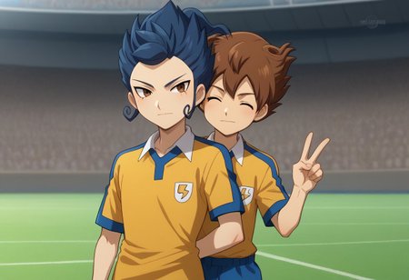 score_9, score_8_up, score_7_up, source_anime, highly detailed, 2boys,
tsurugi, 1boy, male focus, blue hair, brown eyes, sportwear, raimon, raimon soccer uniform, shirt, yellow shirt, short sleeves,  frown BREAK
tenma, 1boy, male focus, brown hair, closed eyes, sportwear, soccer uniform, raimon soccer uniform, raimon, shirt, yellow shirt, short sleeves, smile, v sign, BREAK
outdoor, upper body, hug from behind, height difference
