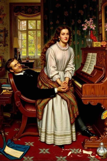 williamhhunt1 painting. 
A domestic scene from the Victorian era, featuring a woman and a man in a richly furnished room. The woman stands beside a grand piano. She has long, wavy hair and wears a white long-sleeved blouse with a ruffled collar and a full, intricately patterned skirt. Behind her, a smiling man sits. <lora:williamhhunt1_cap_d6a3e9:1.0><lora:838051920502460093:0>