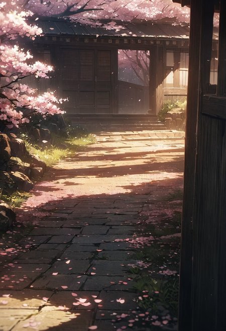 cinematic, (masterpiece), (best quality), (ultra-detailed), very aesthetic, illustration, perfect composition, intricate details, absurdres, detailed face, (anime, masterpiece, intricate:1.3), (best quality, hires textures, high detail:1.2), (4k),(incredibly detailed:1.4)
A Small traditionnal Japanese House Under a Canopy of Cherry Blossoms, A small humble Japanese-style house right under a canopy of Cherry Blossoms, god rays illuminates the scene,
cherry blossoms, very sunny day,  sun in the sky, no human