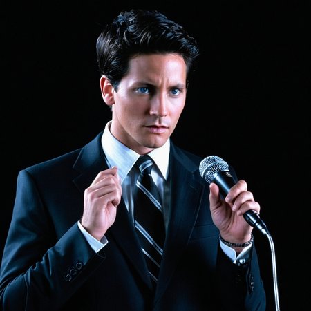 <lora:add-detail-xl:1>
<lora:detailed:0.3>
<lora:perfection style:0.3>
<lora:xl_more_art-full_v1:0.3>
 <lora:Donnie Darko film style:1>
a trickster man in a suit holding a microphone,solo,looking at viewer,shirt,black hair,1boy,holding,jewelry,jacket,male focus,parted lips,necktie,formal,ring,suit,black background,microphone,realistic,manly,holding microphone , cinematic, film, Donnie Darko film style