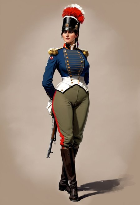 (Conceptual Art in jrst artstyle:1.2) about a female 
Napoleonic French soldier, concept art; busty, large breasts, slender