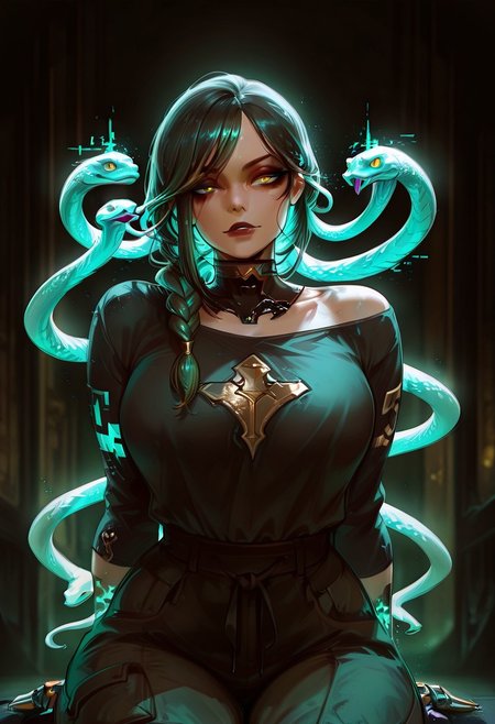 Rating_sfw, mature woman,dynamic hands hacking pose, cyberwear, cyberpunk, humanoid , cybernetic enhancement, serpent themed , oversized clothes, cargo pants, dark clear skin, Egyptian themed lap, ((cute face)), innocent face, pretty face, eyes, detailed eyes, long eyelashes, eyeliner, gorgon,glitching hair, ,(( single braid )) (ar-glitch holographic Snake hair, snake, snake_hair,)) , , eyes, glowing snake, charismatic, curvy, aesthetic, ((perfectly robotic hair, snake hair)), thick lips, full lips, skinny, (slim build), small waist, big breasts,, beautiful detailed face, small face, beautifully complex colored iris, ), enchanting, looking at the viewer,