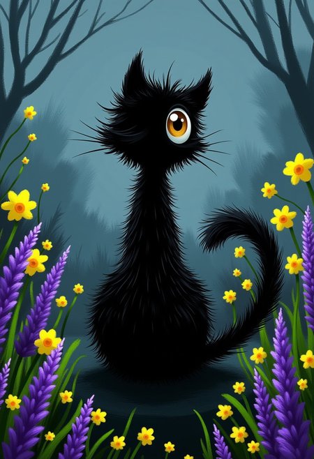 A whimsical illustration of the back view of a lanky cat with an impossibly fluffy tail in dark whimsical art style, its stretched silhouette sitting primly with its back to the viewer, spiky black fur textures creating a comical round bottom shape, surrounded by purple lavender and yellow daffodils that frame the feline figure, digital painting with expressive brushstrokes showing each detailed tuft of fur, misty twilight garden background, characteristic Tim Burton inspired design with the cat slightly turning its head to reveal one enormous, gleaming amber eye peeking mischievously over its shoulder at the viewer.