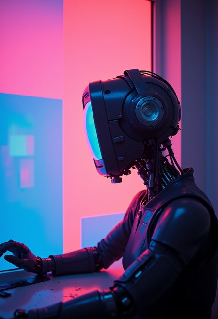 ajpasbot, neon-mist, bleaked atmospheric lighting with neon glitches, retro Vintage Robot, tv-screen head, atmospheric Haze, cinematic composition, atmospheric haze, very detailed, raw photo, photorealistic, high detailed texture, 8k uhd, dslr, soft lighting, high quality, film grain, atmospheric haze, Film grain, cinematic film still, shallow depth of field, highly detailed,