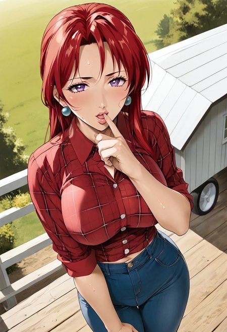 score_9, score_8_up, score_7_up, 1girl, (Full metal alchemist, Winry Rockbell), BREAK, 1woman, (Takashiro Hiroko), 1girl, mature female, focus from above, (finger_to_mouth), (shushing), looking at viewer, blushing, sweat, cupping breasts, proud, moaning, solo, seductive, (cute), looking at the viewer, thin, fit body, bubble butt, (Takashiro Hiroko, 1girl, mature female, purple eyes, long hair, red hair, earrings, eyelashes, black eyeliner, small waist, wide hips, big ass), huge breasts, wide eyes, plaid shirt, button-up, collared shirt, plaid shirt, red shirt, sweating, open, (red shirt, plaid shirt), denim, jeans, arched back, standing straight, 
Outdoors, farm, blue sky, sunny